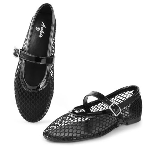 aukis Shoes - Aurielle Black Mesh Mary Jane Flats with Buckle Strap